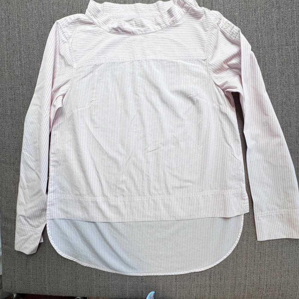 J.Crew Pink White Striped Mock Neck Button Shoulder High Low Top Size 6